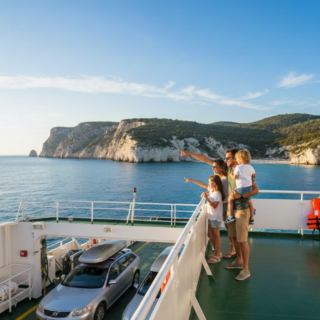 Famiglia su traghetto con auto a bordo che ammira la costa della Sardegna; costo traghetti Sardegna auto famiglia