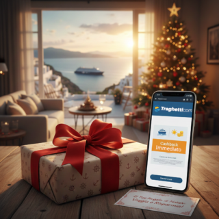Regalo di Natale con fiocco e smartphone Traghetti.com aperto sulla pagina "Cashback Immediato" con sfondo di un traghetto nel Mediterraneo