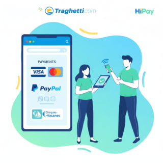 Infografica dei sistemi di pagamento e-commerce e tecnologia SoftPOS di Traghetti.com e HiPay con loghi e metodi di pagamento inclusi Chèques-Vacances.
